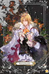 Rule 34 | 1boy, absurdres, aqua eyes, arm out of sleeve, belt, black background, black belt, black vest, blonde hair, castle, character name, chinese commentary, coat, collared shirt, crown, feather boa, flower, frilled sleeves, frills, fur-trimmed coat, fur trim, highres, holding, holding flower, iris (flower), lapels, lars rorschach, leaf, light particles, long sleeves, lovebrush chronicles, male focus, official art, orange flower, parted bangs, parted lips, shirt, short hair, solo, tilted headwear, upper body, vest, white coat, white shirt