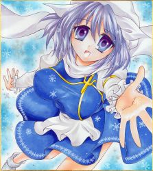 Rule 34 | 1girl, amedama (mikan ame), apron, blue background, blue eyes, blush, breasts, hat, large breasts, letty whiterock, light purple hair, long sleeves, looking at viewer, marker (medium), open mouth, scarf, shikishi, short hair, skirt, smile, snowflakes, solo, touhou, traditional media, vest, white scarf
