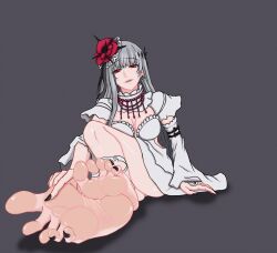 Rule 34 | 1girl, absurdres, barefoot, coquelic (path to nowhere), feet, grey hair, highres, long hair, looking at viewer, parted lips, path to nowhere, qin (25341076), red eyes, soles, toes