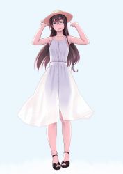 Rule 34 | 1girl, alternate costume, arms up, bare arms, bare shoulders, breasts, brown hair, commentary request, dress, full body, glasses, green eyes, hand on headwear, hat, high heels, highres, kantai collection, long hair, looking at viewer, ooyodo (kancolle), see-through silhouette, semi-rimless eyewear, simple background, sleeveless, sleeveless dress, small breasts, smile, solo, standing, sun hat, sundress, under-rim eyewear, white dress, yuuji (and)