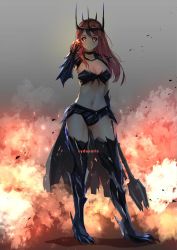 Rule 34 | 1girl, armor, black armor, black eyes, black theme, boots, bra, breasts, brown hair, choker, cleavage, cloak, commentary request, commission, crossover, crown, dark eyes, elbow gloves, female focus, fire, gauntlets, genderswap, genderswap (mtf), gloves, jewelry, large breasts, long hair, looking at viewer, mace, maou (maoyuu), maoyuu maou yuusha, maul, middle earth, navel, orange eyes, orange hair, pauldrons, red eyes, ring, sauron, shoulder armor, solo, sydus, the lord of the rings, thick thighs, thigh boots, thighhighs, thighs, tolkien&#039;s legendarium, tolkien's legendarium, underwear, weapon
