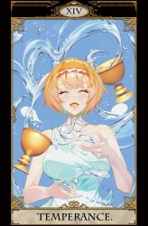 Rule 34 | 1girl, alice margatroid, alternate costume, beji-kun, blonde hair, breasts, chalice, closed eyes, commentary request, cookie (touhou), cup, dress, frilled hairband, frills, hairband, highres, hinase (cookie), large breasts, medium bangs, open mouth, orange hairband, roman numeral, short hair, single strap, smile, solo, tarot, tarot (medium), temperance (tarot), touhou, upper body, water, white dress