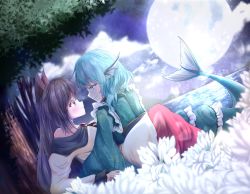 Rule 34 | 2girls, animal ears, bare shoulders, besuteia, blue eyes, blue hair, blush, brooch, brown eyes, brown hair, closed mouth, cloud, collarbone, dress, eyelashes, fins, frilled kimono, frills, full moon, gem, grass, green kimono, head fins, highres, imaizumi kagerou, japanese clothes, jewelry, kimono, leaf, long hair, long sleeves, looking at another, mermaid, misty lake, monster girl, moon, multicolored clothes, multicolored dress, multiple girls, night, night sky, obi, off-shoulder dress, off shoulder, red gemstone, sash, short hair, sitting, sky, smug, sweatdrop, touhou, tree, wakasagihime, wolf ears, yuri