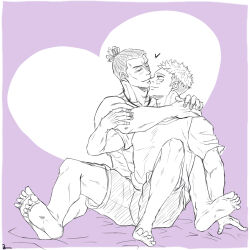 Rule 34 | 2boys, arms around neck, bara, couple, feet, full body, greyscale with colored background, heart, heart background, highres, itadori yuuji, jujutsu kaisen, kiss, kissing nose, looking at another, male focus, multiple boys, muscular, muscular male, pectorals, purple background, ruu (ruuu0101), scar, scar across eye, short hair, sideburns, smile, soles, spread legs, toned, toned male, toudou aoi (jujutsu kaisen), undercut, yaoi