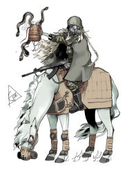 Rule 34 | assault rifle, black footwear, blonde hair, boots, braid, camouflage, camouflage jacket, camouflage pants, cape, cavalry, espedraws, finnish army, full body, gas mask, gun, hat, helmet, highres, holding, holding gun, holding weapon, horseback riding, jacket, long hair, mask, military, military hat, military uniform, original, pants, riding, rifle, rk62, simple background, skeleton, sleeves rolled up, snake, solo, uniform, weapon, white background, white hair, white horse, zombie