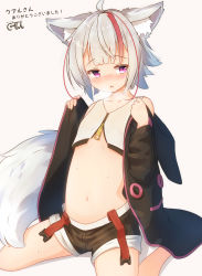 Rule 34 | 1girl, :o, ahoge, animal ear fluff, animal ears, bare shoulders, black jacket, black shorts, blush, collarbone, commentary request, coreytaiyo, crop top, dated, flat chest, grey background, hands up, heavy breathing, highres, hood, hood down, hooded jacket, jacket, long sleeves, multicolored hair, navel, nose blush, open clothes, open jacket, original, parted lips, purple eyes, red hair, short hair, short shorts, shorts, signature, silver hair, sitting, solo, streaked hair, sweat, tail, thighs, translation request, wariza
