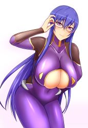 Rule 34 | 1girl, adjusting eyewear, akiyama rinko, artist request, blue hair, blueberry okoku izaberafujin, blush, bodysuit, breasts, cleavage cutout, clothing cutout, covered collarbone, covered navel, female focus, fishnets, glasses, hand up, highres, large breasts, long hair, looking at viewer, purple eyes, shiny clothes, skindentation, smile, solo, tagme, taimanin (series), taimanin suit, taimanin yukikaze, very long hair, white background