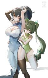 Rule 34 | 2girls, absurdres, alternate costume, arm up, black hair, black thighhighs, blue dress, blush, breasts, china dress, chinese clothes, cleavage, clenched teeth, covered navel, cowboy shot, dress, furrowed brow, green dress, green eyes, green hair, highres, jimizuai-, large breasts, light blush, long hair, metal hairband, multicolored hair, multiple girls, orange eyes, orange hair, ponytail, qingyi (zenless zone zero), sidelocks, simple background, sleeveless, sleeveless dress, standing, streaked hair, sweatdrop, teeth, thighhighs, thighs, tight clothes, twintails, two-tone hair, white background, white thighhighs, zenless zone zero, zhu yuan