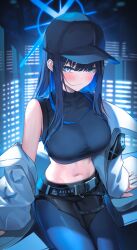 Rule 34 | 1girl, baseball cap, belt, black tank top, blue archive, blue eyes, blue hair, blush, breasts, closed mouth, colored inner hair, crop top, hair between eyes, halo, hat, highres, jacket, long hair, looking at viewer, midriff, multicolored hair, navel, off shoulder, saori (blue archive), shirt, shuvi (shuvi1125), sitting, sleeveless, sleeveless shirt, stomach, tank top, thighs, white jacket