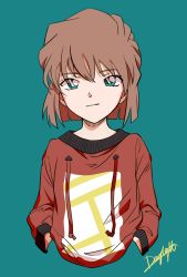 Rule 34 | 1girl, aqua eyes, blue background, brown hair, closed mouth, cropped torso, daylight919, haibara ai, hair between eyes, hands in pocket, highres, looking at viewer, meitantei conan, red sweater, short hair, signature, simple background, smile, solo, sweater