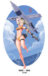 Rule 34 | barefoot, bikini, blonde hair, character name, cloud, day, full body, green eyes, grin, gun, headphones, highres, holding, holding weapon, kantai collection, looking at viewer, navel, ocean, pacific (kancolle), ponytail, signature, sima naoteng, skindentation, sky, smile, solo, standing, standing on one leg, swimsuit, thigh strap, uss cusk (ssg-384), weapon, yellow bikini