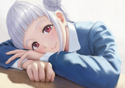 Rule 34 | 1girl, arashi chisato, artist name, bad id, bad pixiv id, blue jacket, blunt bangs, blurry, blurry foreground, blush, closed mouth, collared shirt, commentary, depth of field, double bun, gradient background, grey background, hair bun, hand on own arm, hand on own cheek, hand on own face, head rest, head tilt, jacket, long hair, long sleeves, looking at viewer, love live!, love live! superstar!!, papi (papiron100), red eyes, reflection, school uniform, shadow, shirt, sidelocks, signature, smile, solo, table, upper body, white hair, white shirt, yuigaoka school uniform