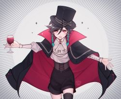 Rule 34 | 1boy, alcohol, alternate eye color, androgynous, artist name, ascot, black hair, black thighhighs, blue hair, blush, bow, braid, brooch, cape, collared shirt, commentary, corset, cup, drinking glass, english commentary, fang, frilled sleeves, frills, gem, genshin impact, gradient hair, hat, hat bow, holding, holding cup, jewelry, light particles, long sleeves, looking at viewer, male focus, mole, mole under eye, multicolored hair, nekojinnyart, open mouth, red eyes, shirt, short hair with long locks, shorts, side braids, sidelocks, skin fang, smile, solo, sparkle, thighhighs, top hat, twin braids, vampire costume, venti (genshin impact), wine, wine glass