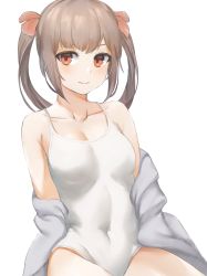 Rule 34 | 1girl, bad id, bad pixiv id, bare shoulders, blush, breasts, brown hair, cleavage, closed mouth, collarbone, covered navel, grey jacket, hair ornament, highres, jacket, long hair, looking at viewer, marulire, medium breasts, morinaga miu, morinaga miu channel, off shoulder, one-piece swimsuit, open clothes, open jacket, orange eyes, smile, solo, swimsuit, thighs, twintails, virtual youtuber, white one-piece swimsuit