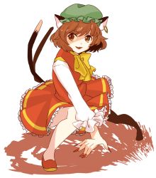 Rule 34 | 1girl, animal ears, bad id, bad pixiv id, brown eyes, brown hair, cat ears, cat tail, chen, dress, earrings, fang, fingernails, hat, jewelry, long fingernails, multiple tails, open mouth, single earring, solo, tail, tama (hiroshige 36), touhou, two tails