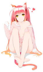 Rule 34 | 1girl, animal ears, barefoot, breasts, cat ears, cat tail, dre, feet, heart, highres, looking at viewer, open pajamas, original, pajamas, panties, red hair, sitting, slit pupils, smile, soles, solo, striped clothes, striped panties, tail, thighhighs, toes, underwear, white thighhighs, yellow eyes