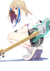 Rule 34 | 1girl, absurdres, adidas, bass guitar, blonde hair, blouse, blunt bangs, bra strap, guitar, highres, instrument, looking at viewer, looking back, music, original, shirt, shoes, sneakers, white background, white shirt