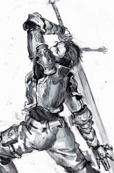 Rule 34 | 1boy, armor, black shirt, breastplate, commentary request, cowboy shot, gauntlets, grey background, greyscale, highres, holding, holding sword, holding weapon, long sleeves, looking at viewer, male focus, monochrome, original, pouch, shirt, short hair, solo, sword, weapon, yanyan (shinken gomi)