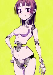Rule 34 | 1girl, android, arm at side, breasts, brown hair, hand on own hip, joints, looking at viewer, medium breasts, medium hair, original, pale skin, robot girl, robot joints, smile, solo, standing, tommy region, yellow background