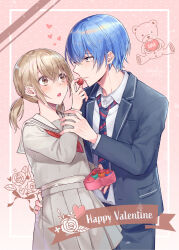 Rule 34 | 1boy, 1girl, aoyagi touya, arm grab, azusawa kohane, blazer, blue hair, blue pants, blush, brown eyes, buttons, chocolate, closed mouth, collared shirt, commentary, cowboy shot, diagonal-striped clothes, diagonal-striped necktie, fingernails, flower, food, grey eyes, grey serafuku, grey skirt, hand on another&#039;s hip, happy valentine, heart, hizaki sui, holding, holding chocolate, holding food, jacket, kamiyama high school uniform (project sekai), lapels, light brown hair, long sleeves, looking at another, miyamasuzaka girls&#039; academy school uniform, mole, mole under eye, neckerchief, necktie, notched lapels, open clothes, open jacket, open mouth, pants, pleated skirt, pocket, project sekai, red neckerchief, sailor collar, school uniform, serafuku, shirt, short hair, short twintails, skirt, striped clothes, striped necktie, stuffed animal, stuffed toy, teddy bear, twintails