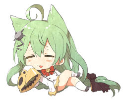 Rule 34 | 1girl, :3, :d, = =, ahoge, akashi (azur lane), azur lane, blush stickers, bow, braid, chibi, commentary request, full body, green hair, hair between eyes, hair bow, hair ornament, hair ribbon, hairclip, long hair, long sleeves, looking at viewer, low-tied long hair, open mouth, orangettea26, ribbon, sidelocks, simple background, single braid, sitting, sleeves past wrists, smile, solo, white background