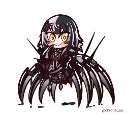 Rule 34 | 1girl, arthropod girl, black hair, chibi, chroneco, full body, grey hair, hololive, hololive english, insect girl, looking at viewer, multicolored hair, shiori novella, shiori novella (1st costume), simple background, smile, solo, spider girl, taur, twitter username, two-tone hair, virtual youtuber, watermark, white background, yellow eyes
