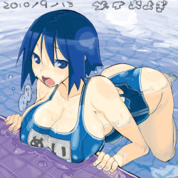 Rule 34 | 1girl, ass, blue eyes, blue hair, breast rest, breasts, cleavage, fingernails, huge breasts, matching hair/eyes, mei (takayama toshinori), nail, name tag, one-piece swimsuit, open mouth, original, school swimsuit, short hair, solo, swimsuit, takayama toshinori, wet, wet hair