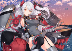 Rule 34 | 1girl, absurdres, aircraft, airplane, antenna hair, armpit cutout, armpits, azur lane, blush, breasts, cannon, clothing cutout, cloud, cross, evening, finger to mouth, floating hair, garter straps, gloves, hair between eyes, headgear, highres, iron cross, jacket, knee up, large breasts, long hair, long sleeves, looking at viewer, machinery, mole, mole on breast, multicolored hair, ocean, outdoors, prinz eugen (azur lane), red hair, rigging, sideboob, sidelocks, silver hair, sirurabbit, smile, solo, splashing, streaked hair, swept bangs, thighhighs, thighs, turret, two side up, very long hair, water, water drop, wide sleeves, wind
