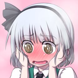 Rule 34 | 1girl, blush, bow, breath, embarrassed, full-face blush, hairband, hands on own cheeks, hands on own face, hanya (hanya yashiki), konpaku youmu, no nose, open mouth, pink background, portrait, short hair, silver hair, simple background, solo, touhou, upper body, vest