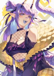 1girl ariyawna black_choker black_coat black_ribbon black_shirt choker coat crop_top fishnet_top fishnets hair_ribbon highres horns indie_virtual_youtuber long_hair looking_at_viewer open_clothes open_coat open_mouth papercider pointy_ears purple_eyes purple_hair purple_tail ribbon shirt slit_pupils snake_tail solo tail teeth two-sided_coat two-sided_fabric upper_teeth_only virtual_youtuber yellow_coat