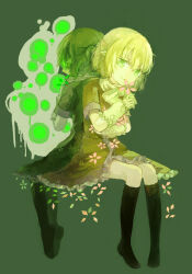 Rule 34 | 2girls, back-to-back, black socks, blonde hair, brown dress, clone, closed mouth, commentary request, dress, flower, frilled dress, frills, full body, glowing, glowing eyes, green eyes, half updo, highres, invisible chair, kouzidaren, looking at viewer, medium bangs, mizuhashi parsee, multiple girls, no shoes, pink flower, pointy ears, short hair, short sleeves, simple background, sitting, smile, socks, touhou