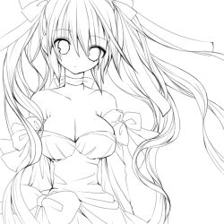 Rule 34 | 1girl, bare shoulders, breasts, cleavage, dress, greyscale, large breasts, lineart, long hair, looking at viewer, monochrome, saibashi, solo, very long hair