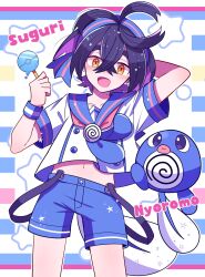 1boy alternate_costume arm_behind_head arm_up black_hair blue_sailor_collar blue_shorts character_name cosplay creatures_(company) crossed_bangs fake_tail food game_freak gen_1_pokemon hair_between_eyes hairband highres holding holding_food holding_popsicle kieran_(pokemon) looking_at_viewer male_focus midriff mole mole_on_neck motiumai nintendo open_mouth orange_eyes pokemon pokemon_(creature) pokemon_sv poliwag poliwag_(cosplay) popsicle purple_hair revision sailor_collar short_sleeves shorts simple_background star_(symbol) tail