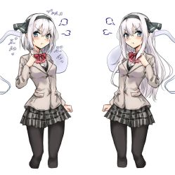 Rule 34 | &gt;:t, 2girls, puff of air, alternate costume, alternate hair length, alternate hairstyle, amagi (amagi626), angry, black hairband, black legwear, black ribbon, blazer, blue eyes, blush, bow, bowtie, breasts, commentary request, contemporary, cropped legs, dual persona, grey jacket, grey skirt, hair between eyes, hair ribbon, hairband, hand up, highres, hitodama, jacket, konpaku youmu, konpaku youmu (ghost), long hair, long sleeves, medium breasts, miniskirt, multiple girls, one-hour drawing challenge, pantyhose, pleated skirt, red bow, red neckwear, ribbon, school uniform, shirt, short hair, sidelocks, silver hair, simple background, skirt, standing, thighs, touhou, translation request, v-shaped eyebrows, white background, white shirt, wing collar