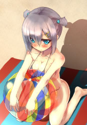 Rule 34 | 10s, 1girl, alternate costume, alternate hairstyle, aqua eyes, ball, beachball, breasts, caesar8149, embarrassed, eyes visible through hair, female focus, from above, hair over one eye, hamakaze (kancolle), highres, kantai collection, large breasts, looking at viewer, revealing swimsuit (dq), short twintails, sitting, slingshot swimsuit, solo, swimsuit, towel, twintails