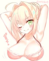 Rule 34 | 10s, 1girl, ;), ahoge, armpits, arms behind head, arms up, bad id, bad pixiv id, bare shoulders, beige background, blonde hair, blush, braid, breasts, cleavage, closed mouth, collarbone, fate/extra, fate (series), green eyes, hair between eyes, hair bun, hair intakes, head tilt, large breasts, mashiro miru, nero claudius (fate), nero claudius (fate) (all), nero claudius (fate/extra), one eye closed, simple background, single hair bun, smile, solo, twitter username