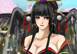Rule 34 | 1girl, bare shoulders, bird wings, black hair, black wings, breasts, cherry blossoms, cleavage, collarbone, dead or alive, dead or alive 5, feathered wings, female focus, hair ornament, hair stick, hair tubes, hayame (m ayame), hime cut, japanese clothes, kimono, large breasts, lens flare, light smile, lips, looking at viewer, mole, mole under mouth, nyotengu, parted lips, petals, purple eyes, solo, tecmo, tengu, thigh strap, upper body, wings