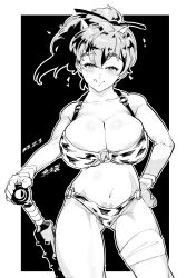 Rule 34 | 1girl, absurdres, animal ears, animal print, artist request, bikini, breasts, club, club (weapon), cosplay, demon girl, fake animal ears, girls und panzer, hand on own hip, highres, holding, holding weapon, kanabou, koyama yuzu, large breasts, licking lips, looking at viewer, monochrome, naughty face, ponytail, shiny skin, simple background, smile, solo, standing, swimsuit, tongue, tongue out, water, weapon, wet, white bikini