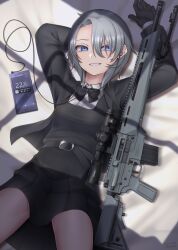 Rule 34 | 1girl, absurdres, ar-15, arms up, belt, belt buckle, bipod, black belt, black bow, black bowtie, black dress, black gloves, black jacket, blue eyes, bow, bowtie, buckle, cellphone, collared shirt, commentary request, dated, dress, dress shirt, earbuds, earphones, glint, gloves, grey hair, grin, gun, hair between eyes, highres, jacket, long sleeves, looking at viewer, lying, on back, open clothes, open jacket, original, paravene, parted bangs, phone, pinafore dress, pleated dress, rifle, school uniform, scope, shirt, signature, sleeveless, sleeveless dress, smartphone, smile, sniper rifle, solo, sony, springfield armory, springfield armory saint edge, weapon, white shirt