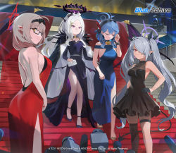 Rule 34 | 4girls, ahoge, ako (blue archive), back, backless dress, backless outfit, bare shoulders, bell, black dress, blue archive, blue hair, breasts, chinatsu (blue archive), cleavage, closed eyes, coat, coat on shoulders, cowbell, demon horns, demon wings, dress, flat chest, formal, glasses, hair ornament, hair over one eye, halo, halterneck, hand on own hip, high heels, hina (blue archive), hood (james x), horns, iori (blue archive), jewelry, large breasts, long coat, long hair, medium breasts, microphone, multiple girls, multiple horns, neck bell, official alternate costume, official art, parted bangs, pointy ears, purple coat, purple eyes, red dress, red eyes, side ponytail, sideboob, smile, stairs, tail, thigh strap, very long hair, white hair, wings, yellow eyes