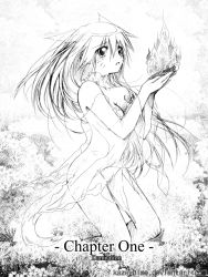 Rule 34 | 1girl, artist name, breasts, cleavage, crying, deviantart username, dress, english text, facial mark, fire, floating hair, from side, genderswap, genderswap (mtf), hair between eyes, hands up, kaze-hime, kneeling, long hair, looking to the side, medium breasts, monochrome, naruko (naruto), naruto, naruto (series), open mouth, sad, sexy no jutsu, sitting, solo, tears, transparent, transparent dress, uzumaki naruto, very long hair, whisker markings, whiskers