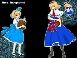 Rule 34 | 2girls, alice margatroid, alice margatroid (pc-98), apron, blonde hair, blue dress, book, doll, dress, dual persona, female focus, flying, full body, grimoire, grimoire of alice, hairband, holding, holding book, kaji, looking at viewer, multiple girls, mystic square, shanghai doll, short hair, size difference, standing, time paradox, touhou, touhou (pc-98), waist apron