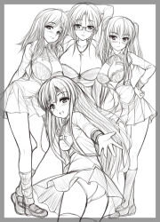 Rule 34 | 4girls, ass, blush, bra, breasts, cleavage, greyscale, hair ornament, hairclip, huge breasts, lingerie, long hair, looking back, monochrome, multiple girls, naughty face, open clothes, open shirt, panties, pantyshot, school uniform, shirt, sketch, skirt, socks, thighhighs, underwear, uni8