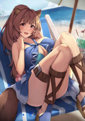 Rule 34 | 1girl, absurdres, alternate breast size, animal ears, beach, blue sky, blunt bangs, breasts, brown hair, cleavage, cloud, commentary request, cup, drink, drinking glass, highres, huge breasts, kannko bokujou, legs, long hair, looking at viewer, ocean, open mouth, outdoors, raccoon ears, raccoon girl, raccoon tail, raphtalia, sand, sitting, sky, smile, solo, swimsuit, tail, tate no yuusha no nariagari, thighs