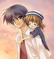 Rule 34 | 00s, 1boy, 1girl, age difference, blue eyes, blue hair, brown hair, carrying, child, clannad, closed eyes, dixie cup hat, father and daughter, hat, military hat, okazaki tomoya, okazaki ushio, paco, piggyback, shirt, short hair, white shirt