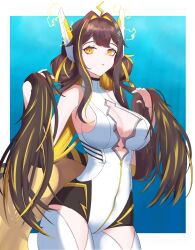 Rule 34 | 1girl, absurdres, ahoge, blonde hair, breasts, brown hair, cleavage, cleavage cutout, clothing cutout, eel girl, fins, fish tail, highres, hoshitora05, idol corp, juna unagi, large breasts, leotard, lightning bolt ahoge, long hair, looking at viewer, multicolored hair, open mouth, strapless, strapless leotard, streaked hair, tail, twintails, virtual youtuber, white leotard, yellow eyes