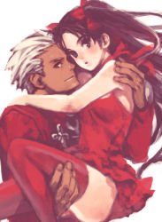 Rule 34 | 00s, 1boy, 1girl, archer (fate), bare shoulders, blonde hair, blue eyes, blush, brown hair, carrying, carrying person, dark-skinned male, dark skin, dress, fate/stay night, fate (series), green eyes, hair ribbon, long hair, long legs, red dress, red thighhighs, ribbon, simple background, smile, thighhighs, tohsaka rin, two side up, white background, white hair, zettai ryouiki
