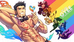 Rule 34 | 6+boys, abs, absurdres, alternate costume, anniversary, bara, bare pectorals, beard, bouquet, bow, bowtie, character request, detached collar, facial hair, finger heart, flower, formal, goatee, grin, gyee, highres, holding, holding bouquet, large pectorals, lee (gyee), lgbt pride, looking at viewer, pectoral cleavage, male focus, mature male, miles (gyee), multiple boys, muscular, muscular male, niko (na insoo), nipples, oneirio, open clothes, open shirt, pectorals, priapus, priapus a. tarou, rainbow gradient, rand (gyee), revealing clothes, short hair, smile, stomach, vundo (gyee), wrist cuffs