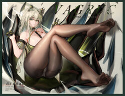 Rule 34 | 1girl, absurdres, animal ears, arknights, ass, bare shoulders, between breasts, black pantyhose, breasts, cleavage, commentary request, detached collar, dynamotor, feet, gloves, green eyes, green gloves, green hair, green jacket, hair between eyes, highres, jacket, kal&#039;tsit (arknights), large breasts, looking at viewer, necktie, necktie between breasts, o-ring, open clothes, open jacket, panties, panties under pantyhose, pantyhose, solo, thighs, underwear, white panties