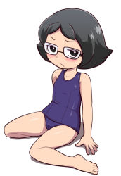 Rule 34 | 10s, 1girl, barefoot, black eyes, black hair, blush, frown, full body, glasses, looking at viewer, nollety, one-piece swimsuit, sakai shizuka, school swimsuit, short hair, simple background, sitting, solo, swimsuit, white background, youkai watch